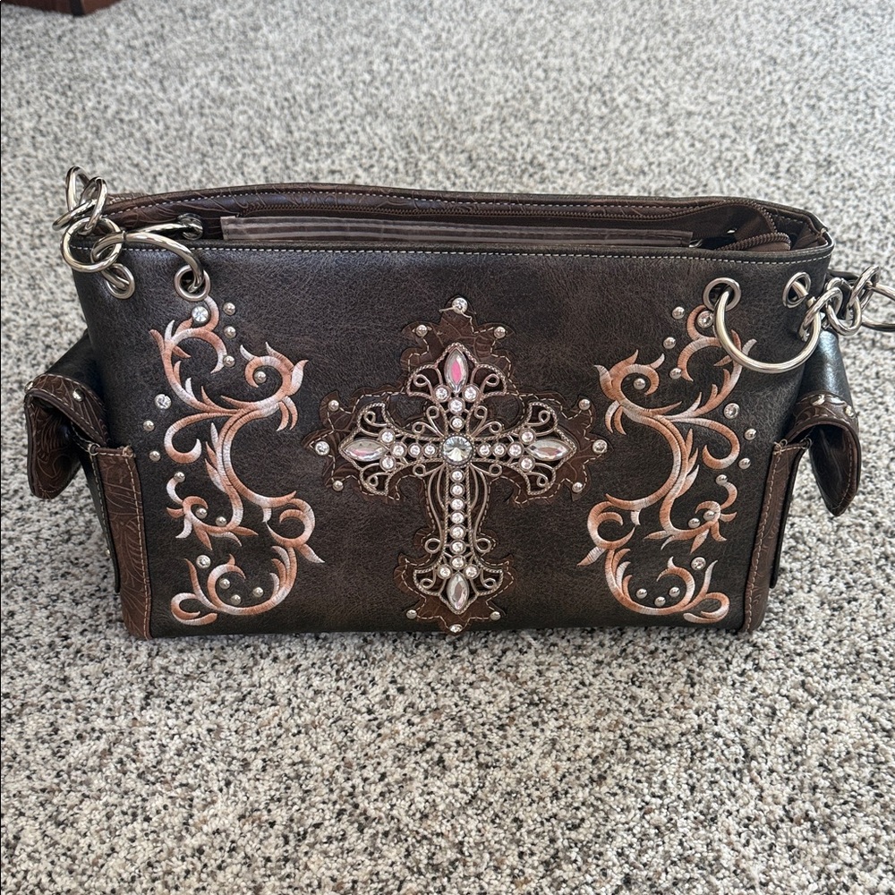 Concealed Carry Brown Cross Shoulder Bag with Scroll Accents